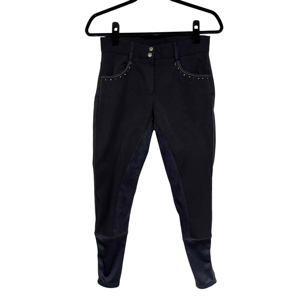 Ovation Black Horse-Riding Breeches Pants, Size 28R, Full Seat Rhinestones Studs